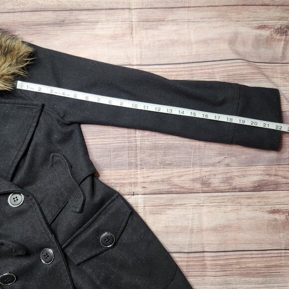 Grass Collection Black Brown Faux Fur Belted Button Pea Coat - Picture 6 of 8